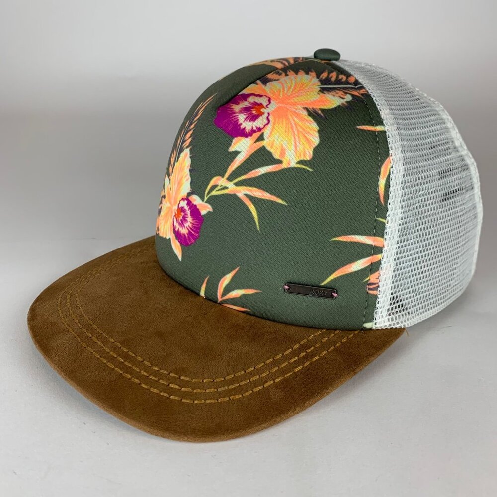 Roxy Green Floral Suede Brim Trucker Hat
